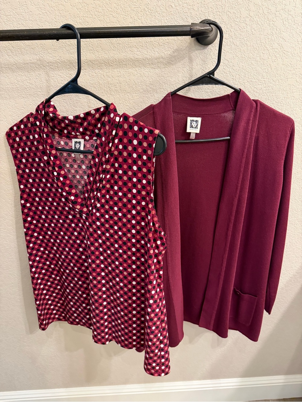 Maroon Polka Dot Sleeveless Top & Solid Open Cardigan Set